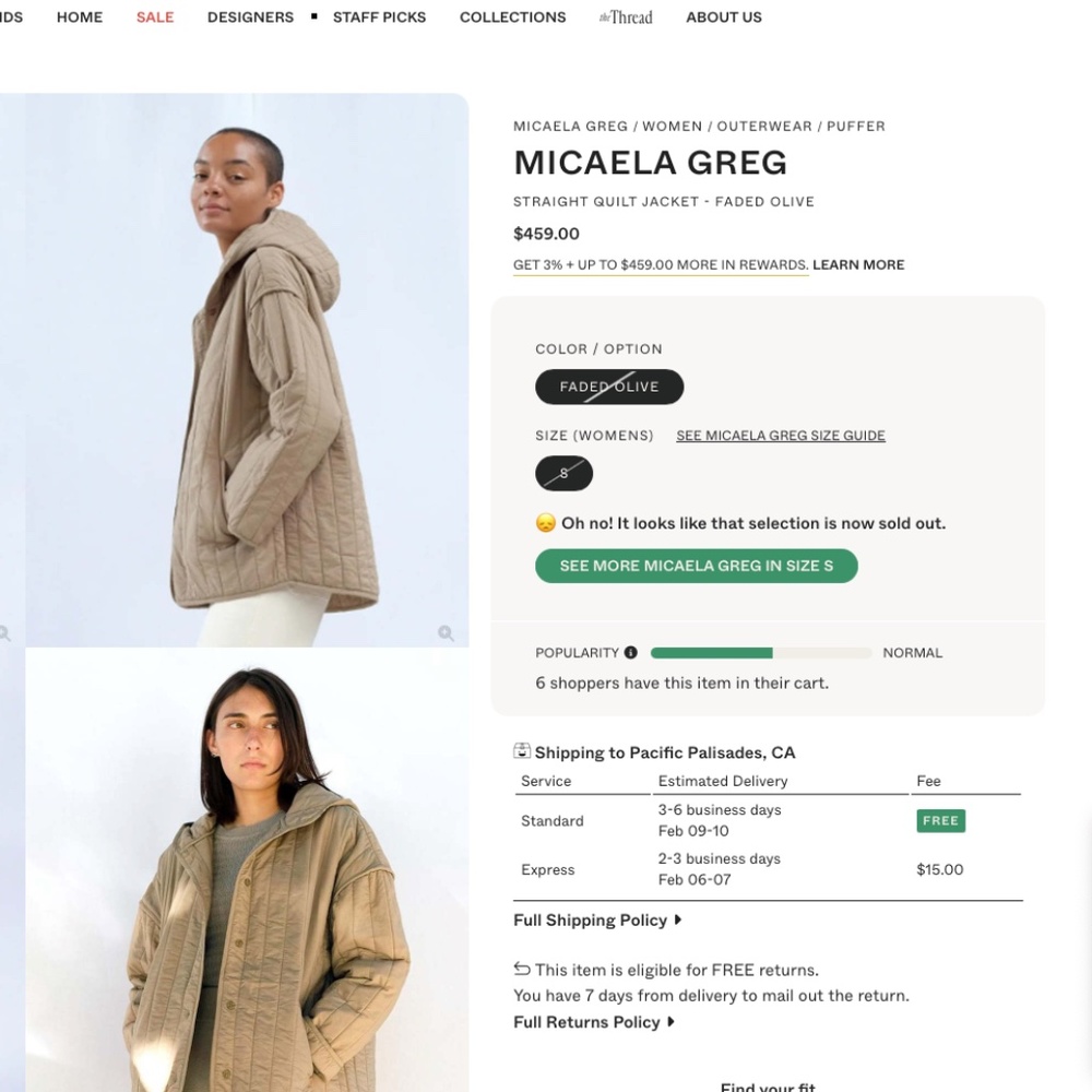 MICAELA GREG The Straight Quilt Jacket in Faded Olive Hooded Coat Cotton Size M - Picture 6 of 16